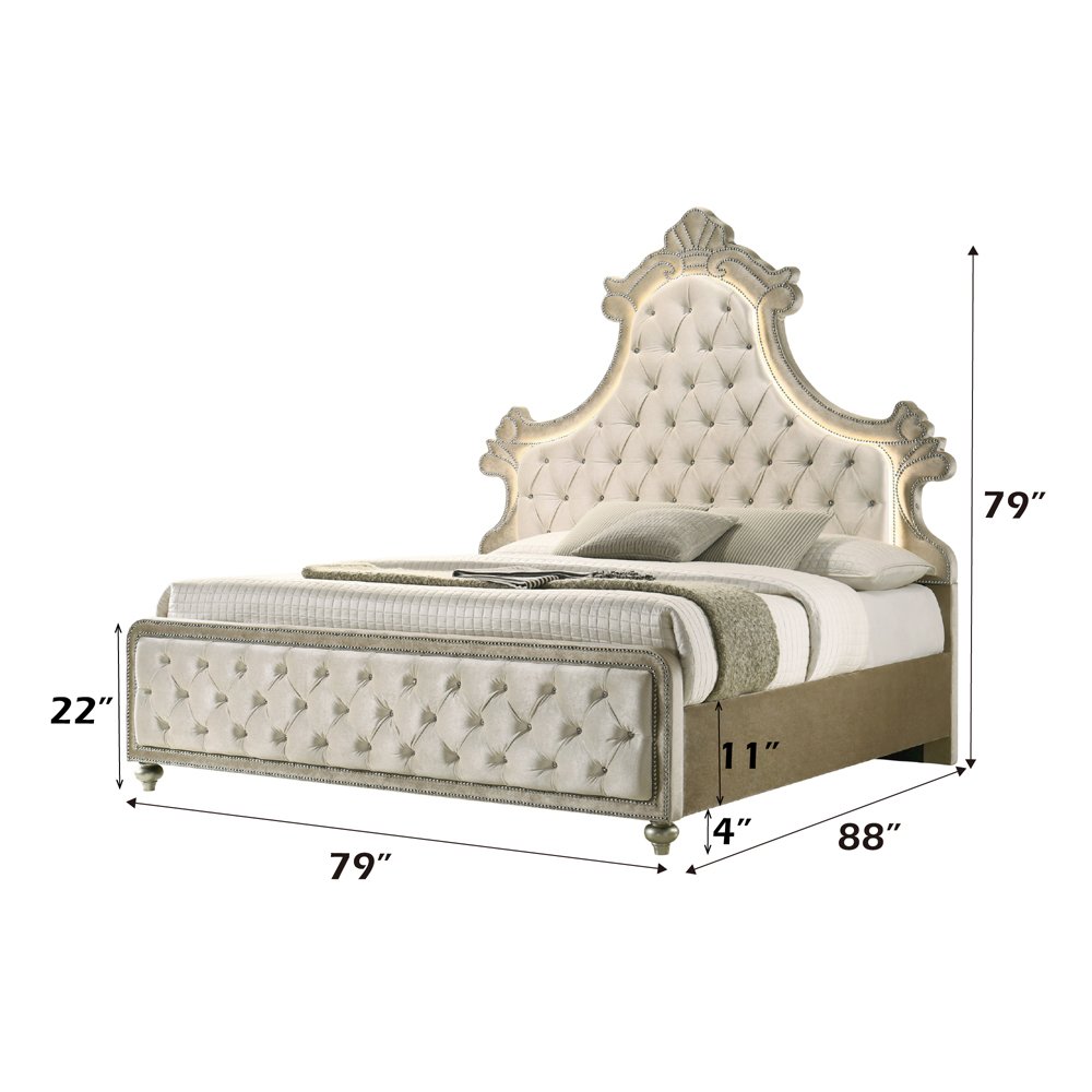 Lucienne Eastern King Bed w/LED, Beige Velvet