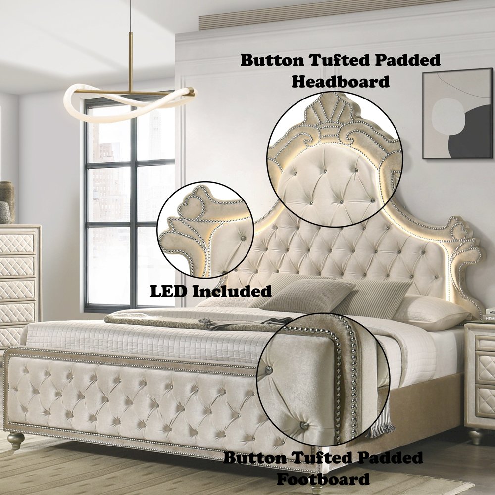 Lucienne Eastern King Bed w/LED, Beige Velvet