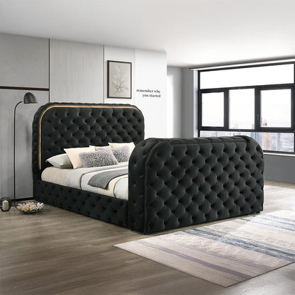 Kana Eastern King Bed w/LED, Fireplace & TV Cabinet, Black Upholstery Velvet