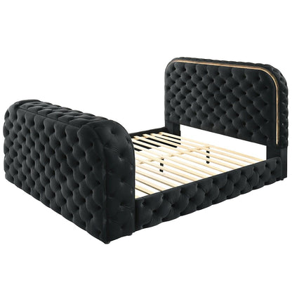 Kana Eastern King Bed w/LED, Fireplace & TV Cabinet, Black Upholstery Velvet