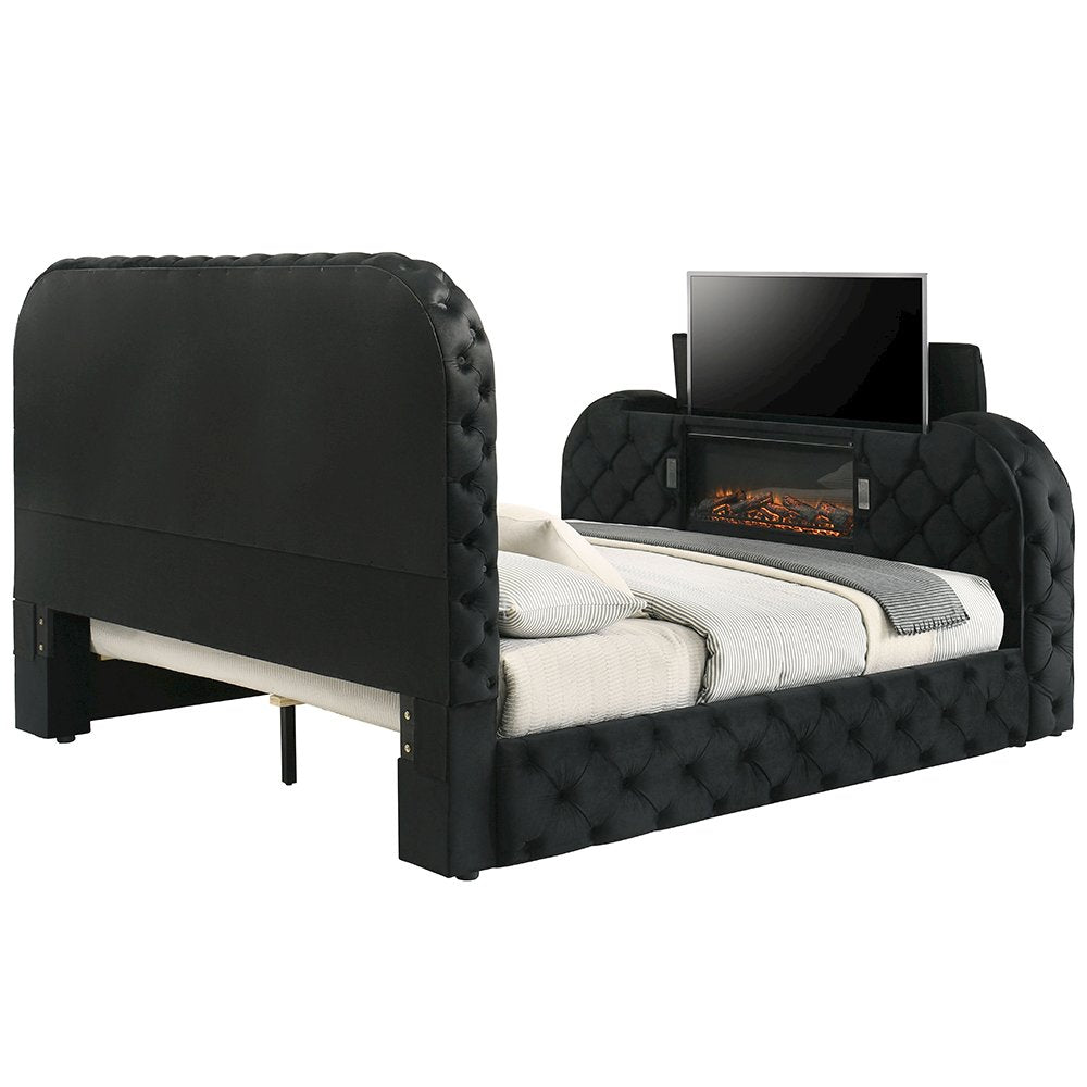 Kana Eastern King Bed w/LED, Fireplace & TV Cabinet, Black Upholstery Velvet