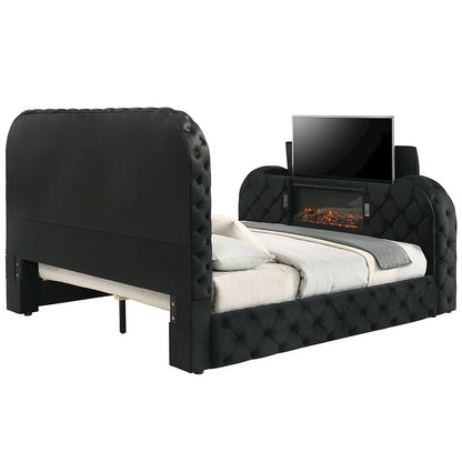 Kana Eastern King Bed w/LED, Fireplace & TV Cabinet, Black Upholstery Velvet