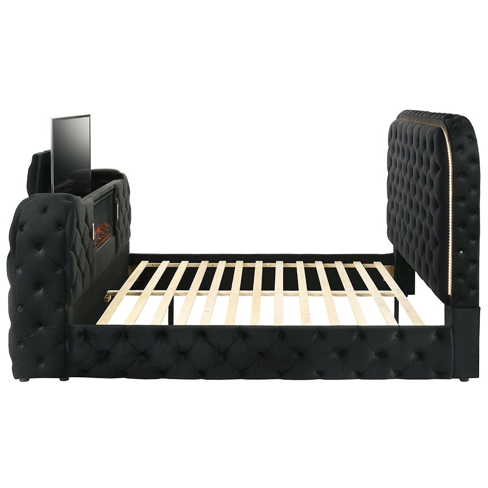 Kana Eastern King Bed w/LED, Fireplace & TV Cabinet, Black Upholstery Velvet
