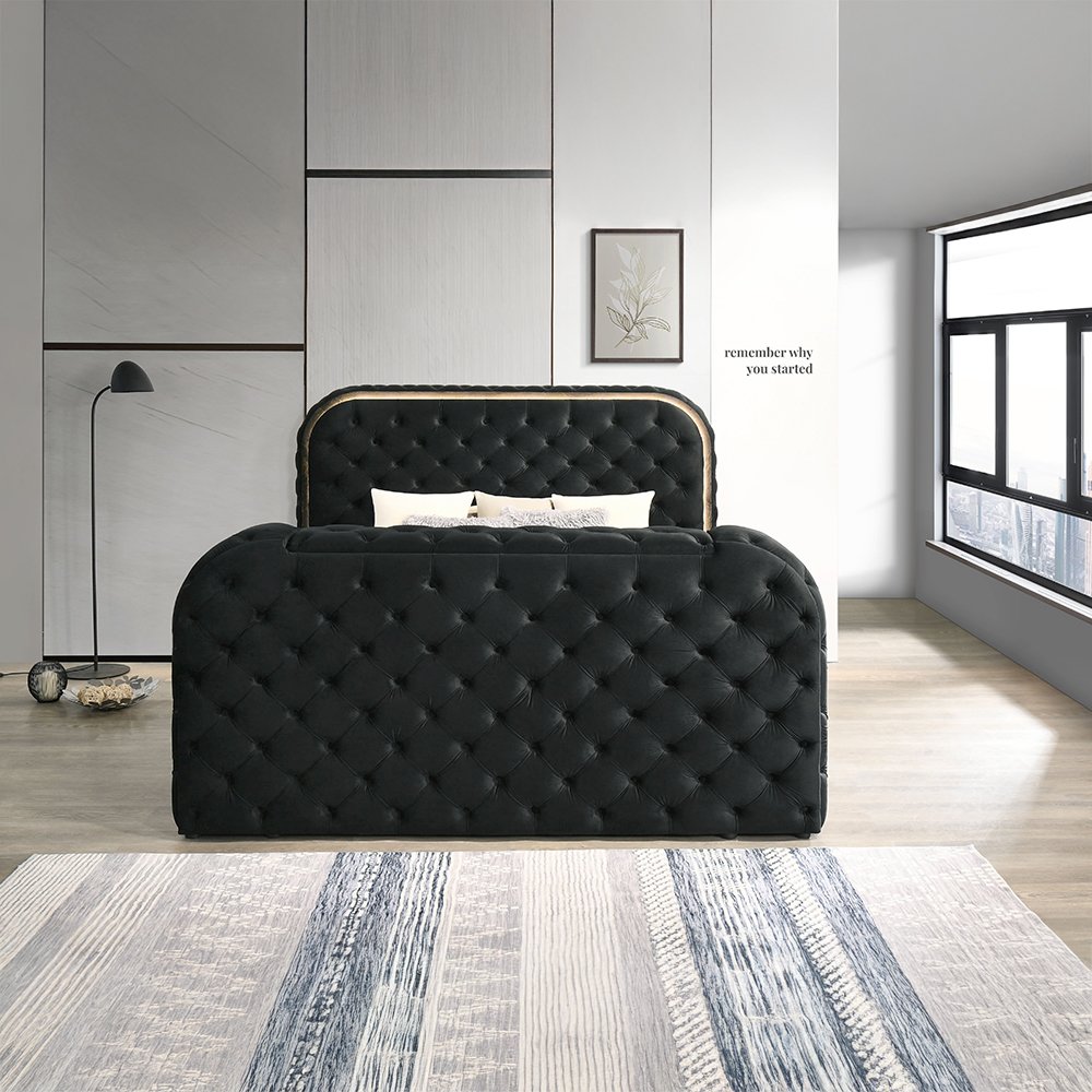 Kana Eastern King Bed w/LED, Fireplace & TV Cabinet, Black Upholstery Velvet