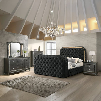 Kana Eastern King Bed w/LED, Fireplace & TV Cabinet, Black Upholstery Velvet