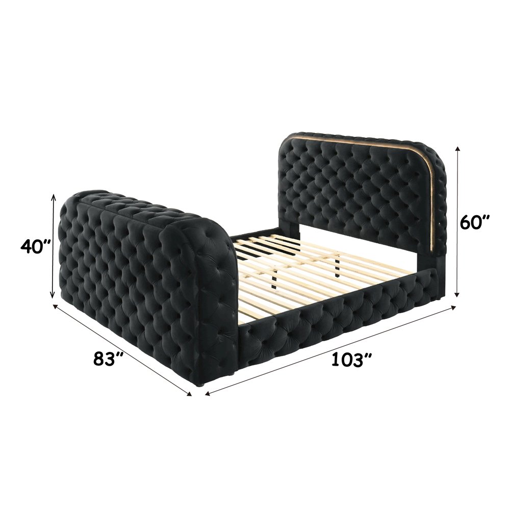 Kana Eastern King Bed w/LED, Fireplace & TV Cabinet, Black Upholstery Velvet