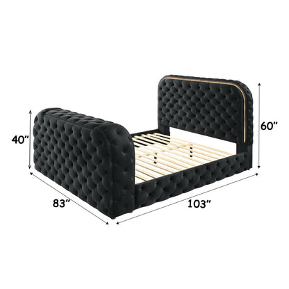 Kana Eastern King Bed w/LED, Fireplace & TV Cabinet, Black Upholstery Velvet