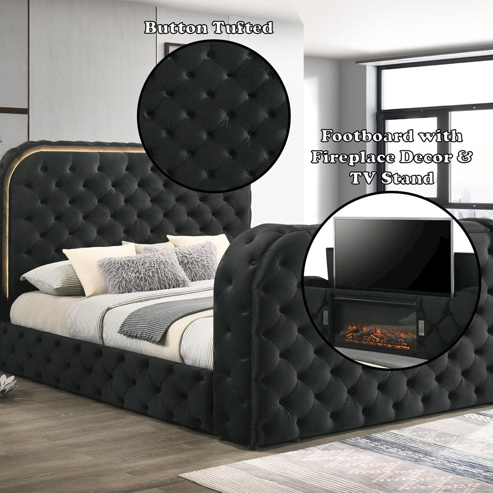 Kana Eastern King Bed w/LED, Fireplace & TV Cabinet, Black Upholstery Velvet