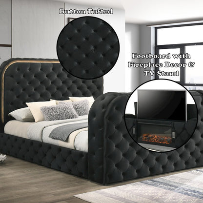 Kana Eastern King Bed w/LED, Fireplace & TV Cabinet, Black Upholstery Velvet