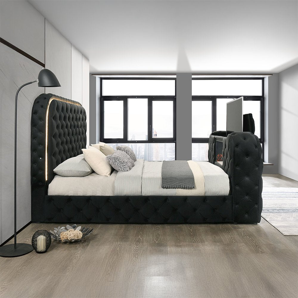 Kana Eastern King Bed w/LED, Fireplace & TV Cabinet, Black Upholstery Velvet