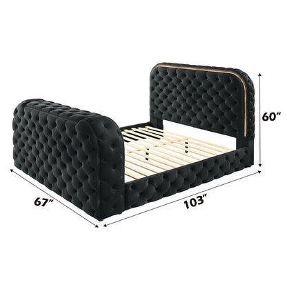Kana Queen Bed w/LED, Fireplace & TV Cabinet, Black Upholstery Velvet