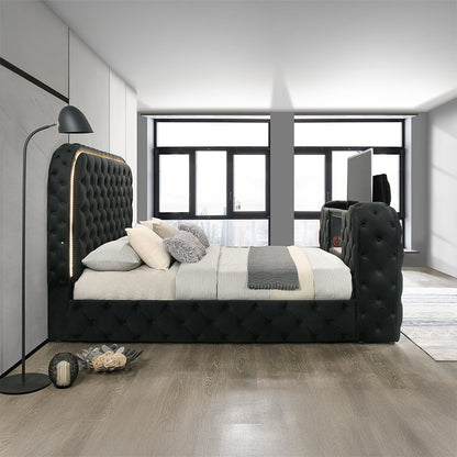 Kana Queen Bed w/LED, Fireplace & TV Cabinet, Black Upholstery Velvet