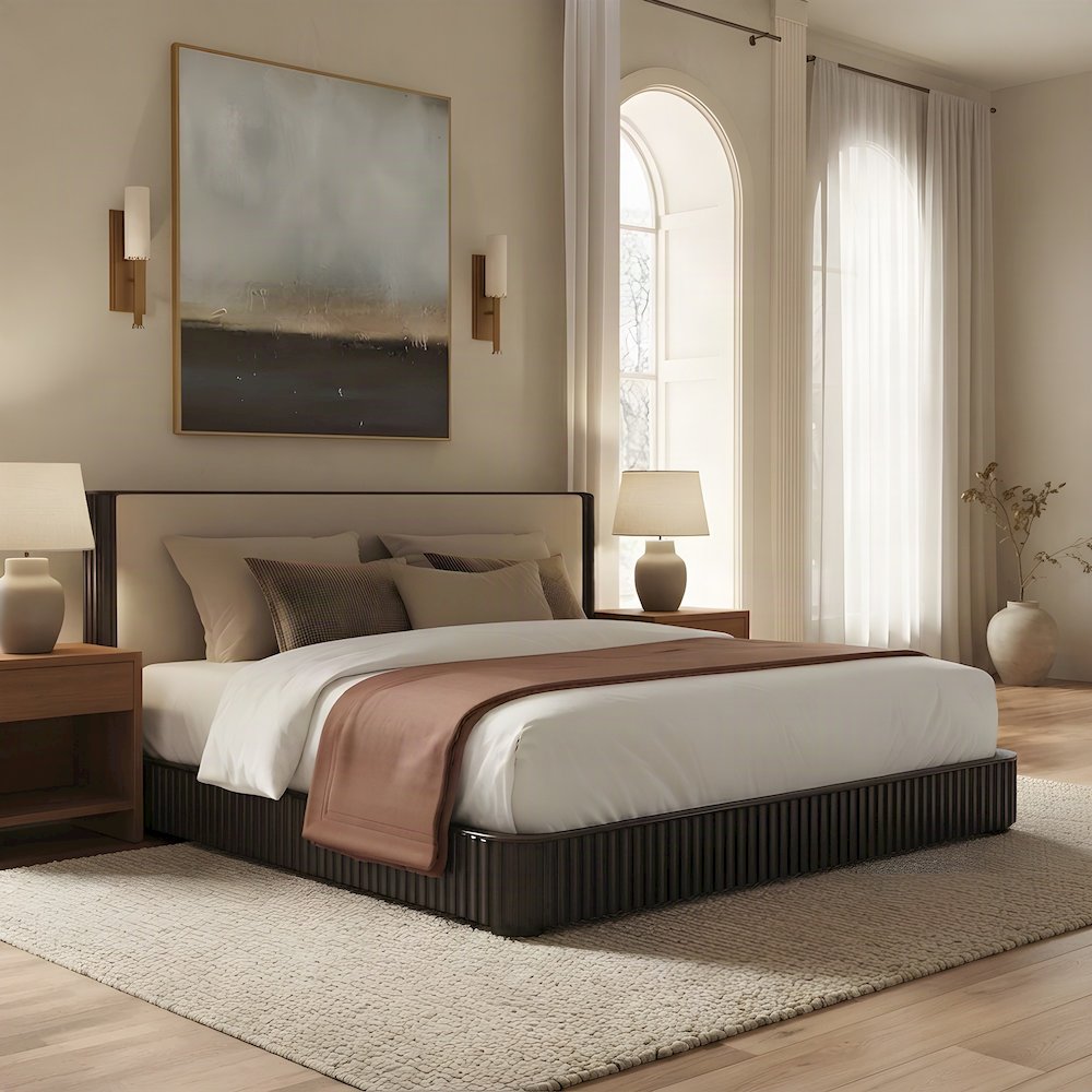 Upholstered King Platform Bed Frame with Tall Headboard, Beige Linen & Espresso