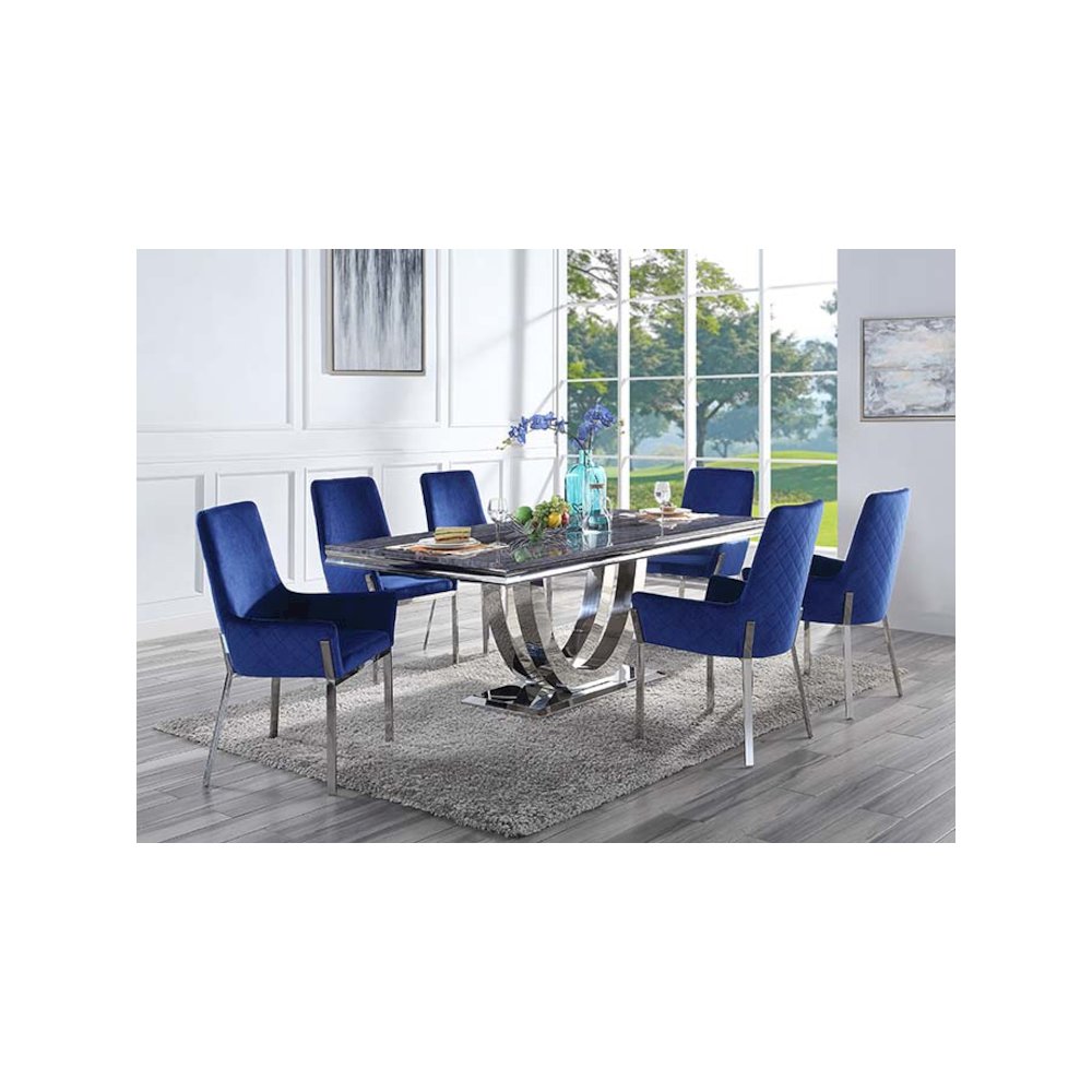 Cambrie Side Chair (Set-2), Blue Velvet & Mirrored Silver