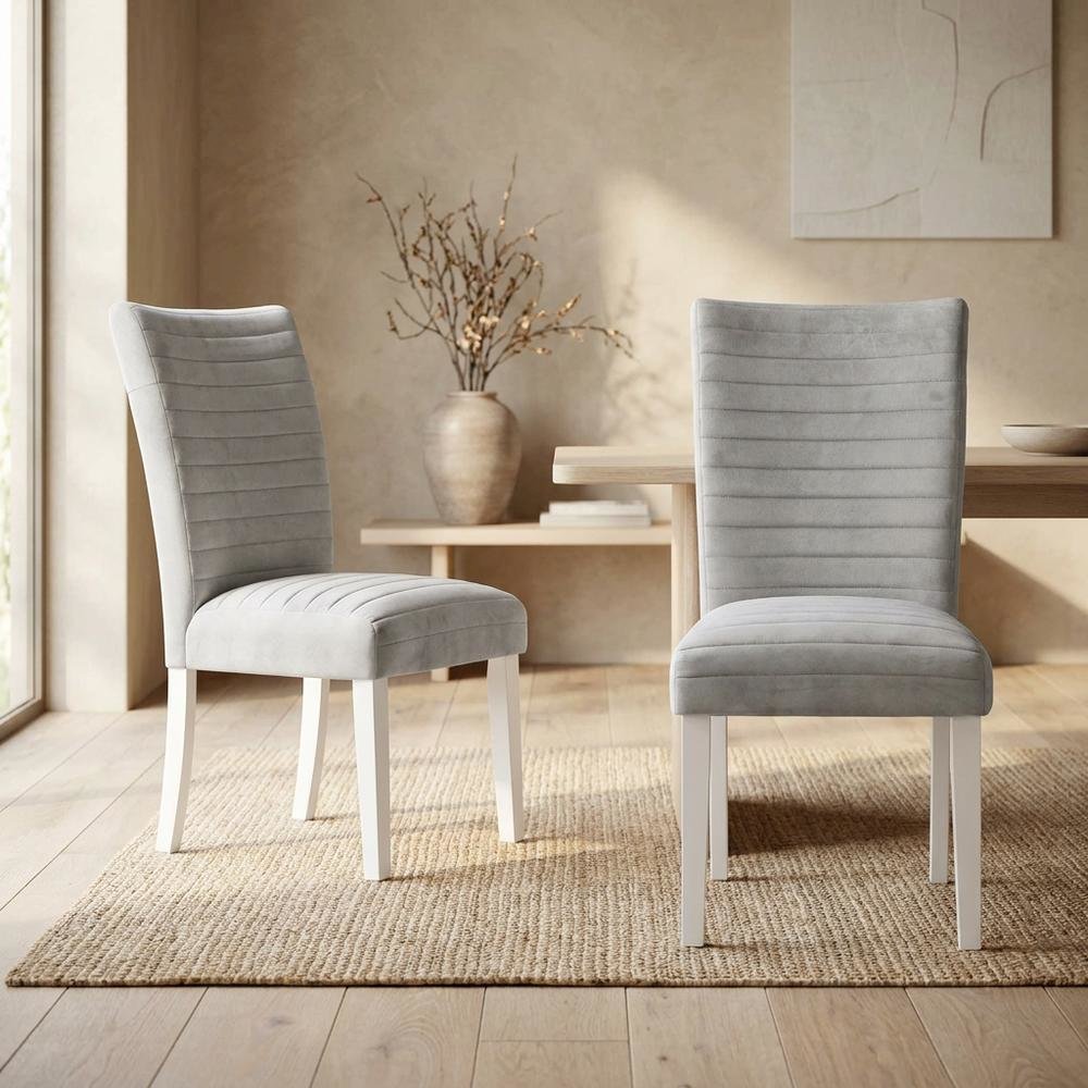 Velvet Dining Side Chair, Gray Velvet, Faux Crystal Diamonds &White High Gloss, Set of 2