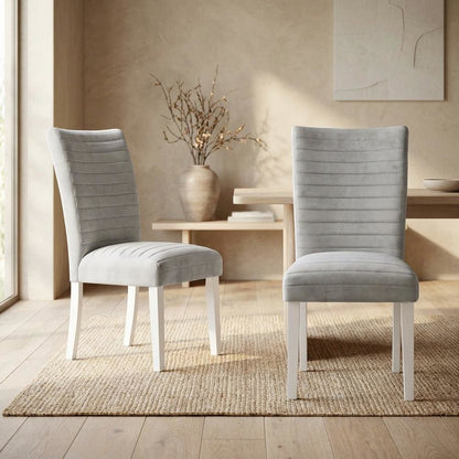 Velvet Dining Side Chair, Gray Velvet, Faux Crystal Diamonds &White High Gloss, Set of 2