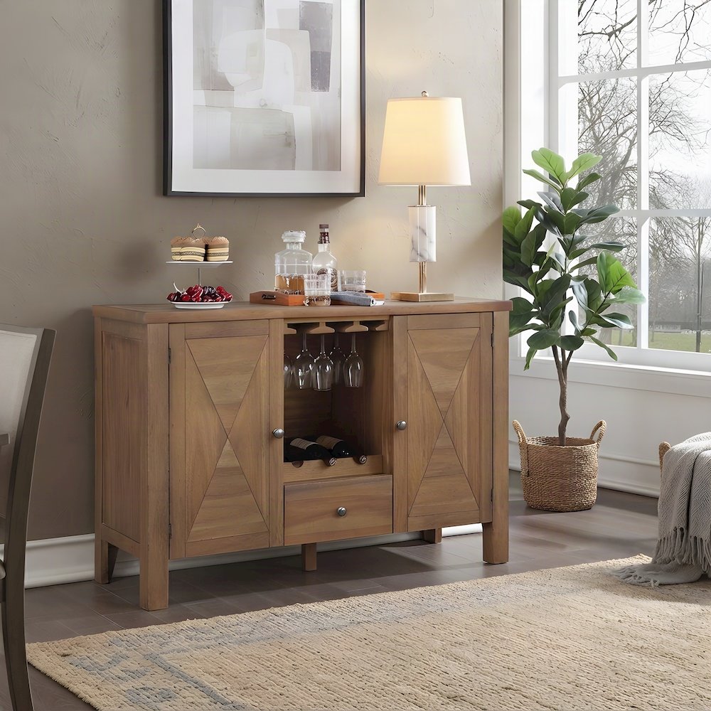 Acacia Veneer Dining Server with Fabric Drawer, Open Shelves, Gray Fabric