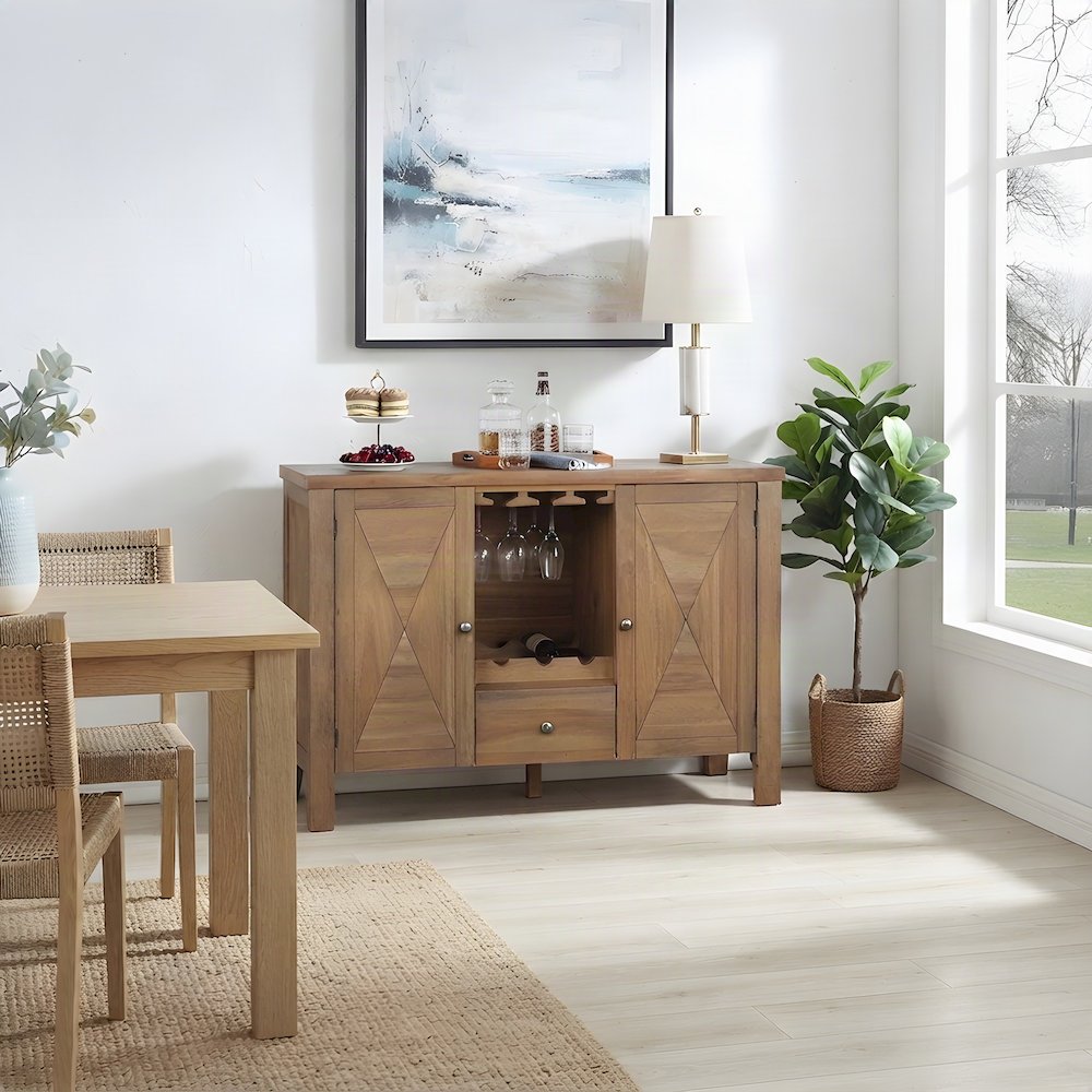 Acacia Veneer Dining Server with Fabric Drawer, Open Shelves, Gray Fabric
