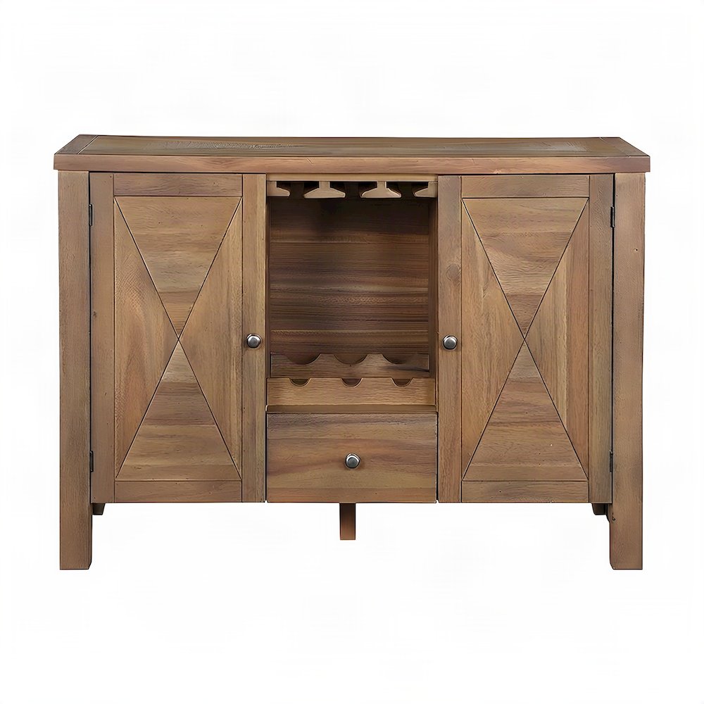Acacia Veneer Dining Server with Fabric Drawer, Open Shelves, Gray Fabric