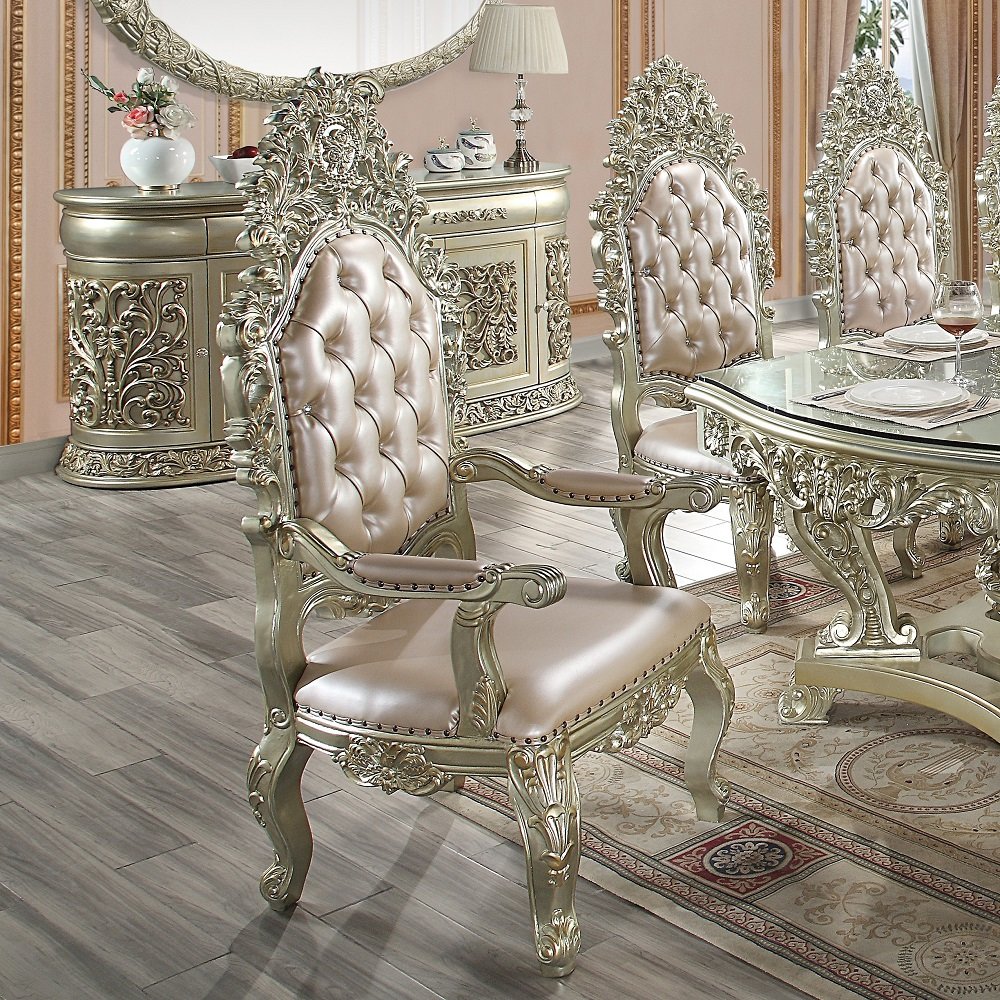 Sorina Arm Chair (Set-2), Leatherette & Antique Gold