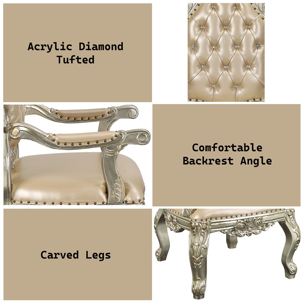 Sorina Arm Chair (Set-2), Leatherette & Antique Gold