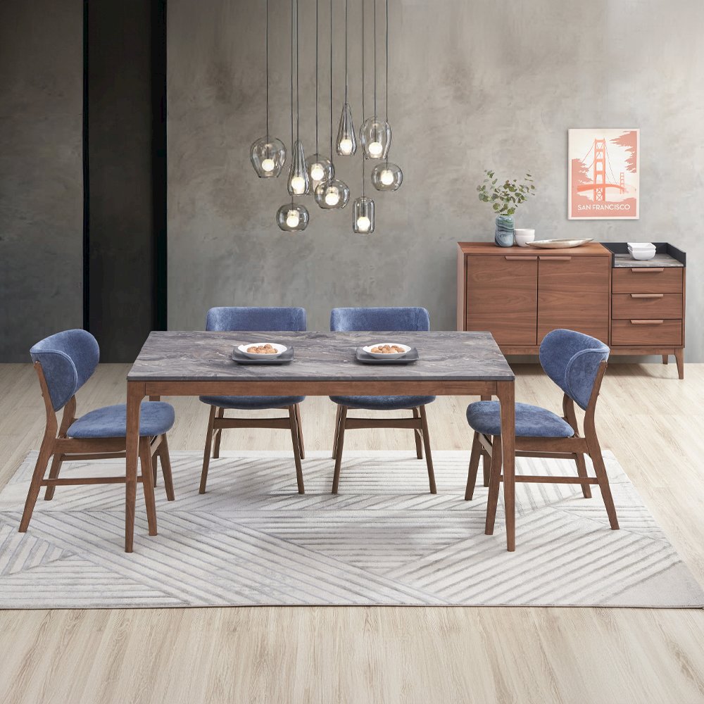 Bevis Dining Table, Engineered Stone & Walnut