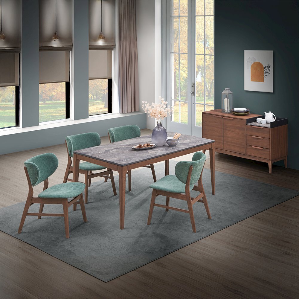 Bevis Dining Table, Engineered Stone & Walnut