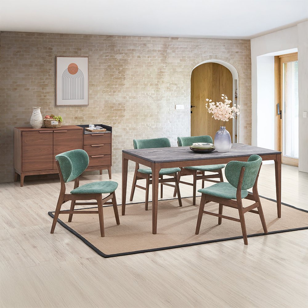 Bevis Dining Table, Engineered Stone & Walnut