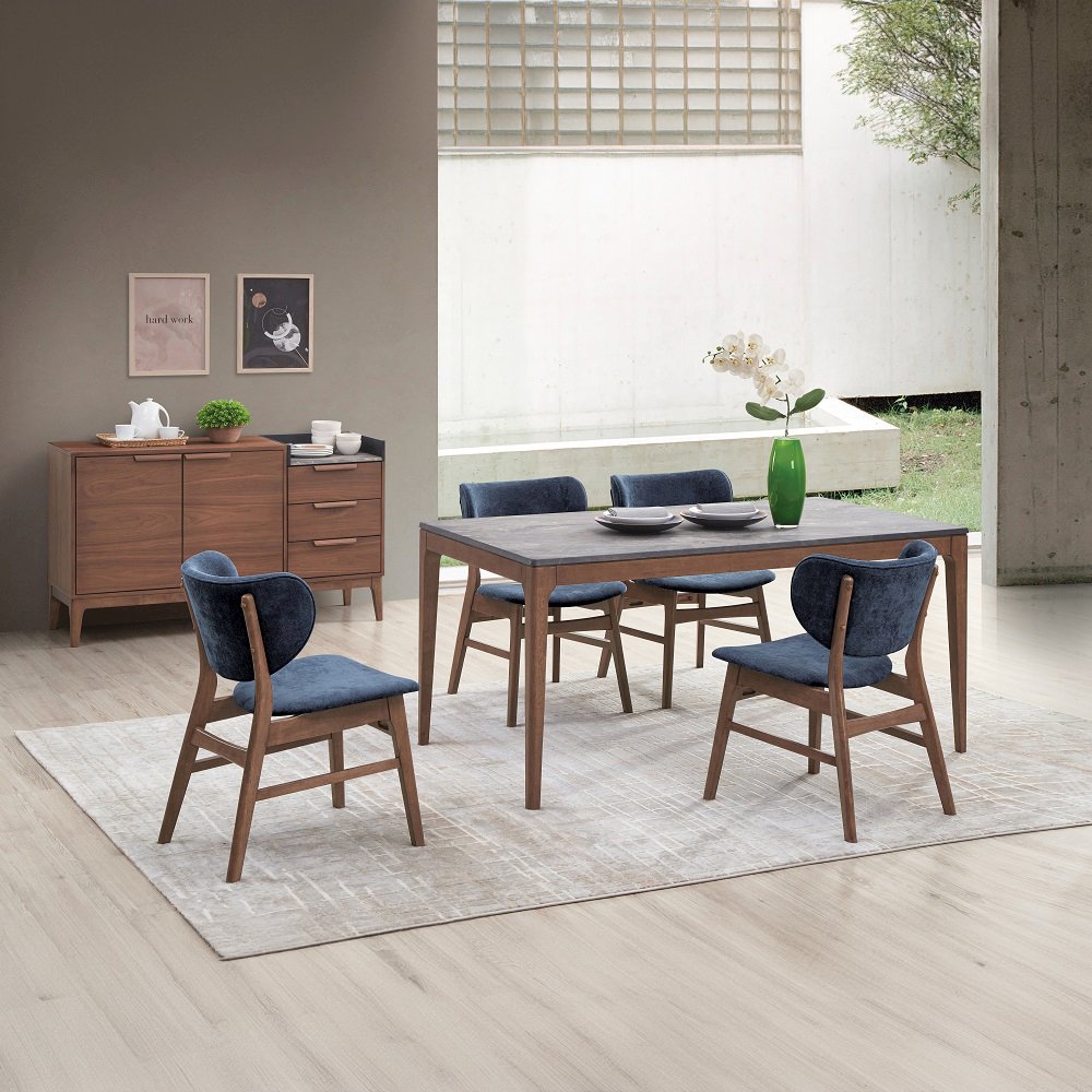 Bevis Dining Table, Engineered Stone & Walnut