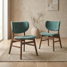 Fabric Dining Side Chairs, Scandinavian, Green Fabric & Walnut, Set of 2