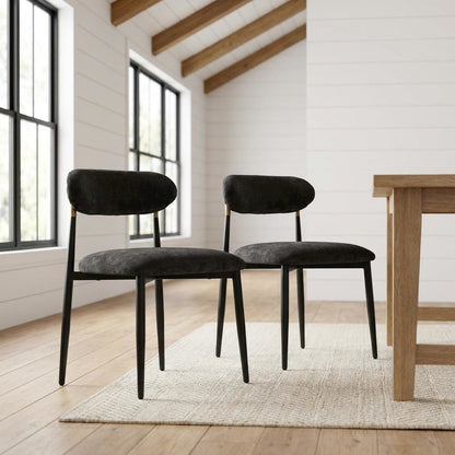 Chenille Dining Chairs, Set of 2, Black Chenille & Black