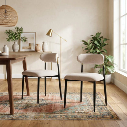 Chenille Dining Chairs with Wood and Metal Frame, Set of 2, Beige Linen & Black