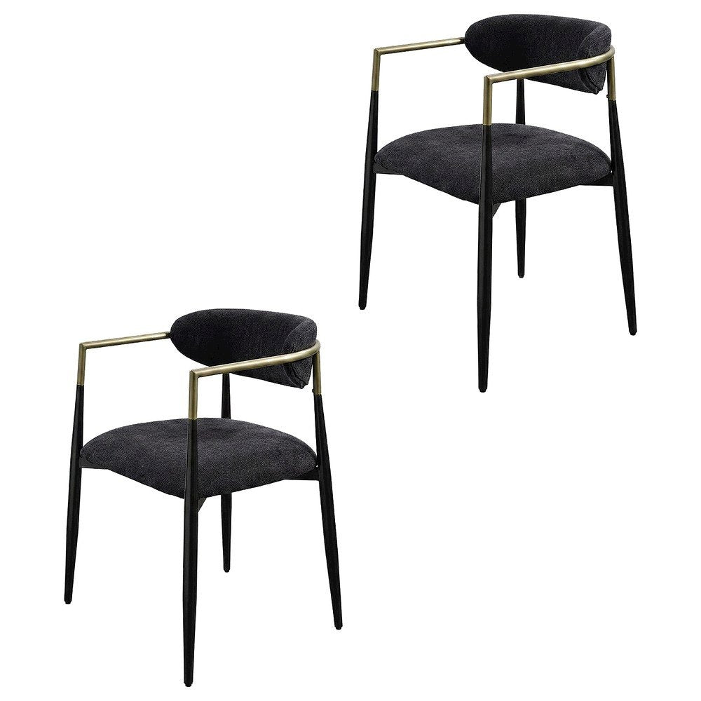 Chenille Accent Armchair with Wood and Metal Frame, Black Chenille & Black, Set of 2