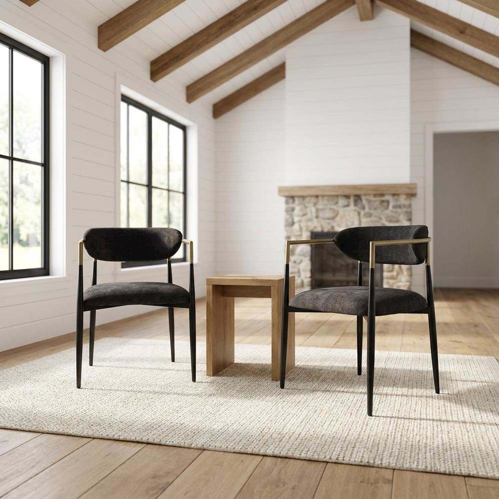 Chenille Accent Armchair with Wood and Metal Frame, Black Chenille & Black, Set of 2