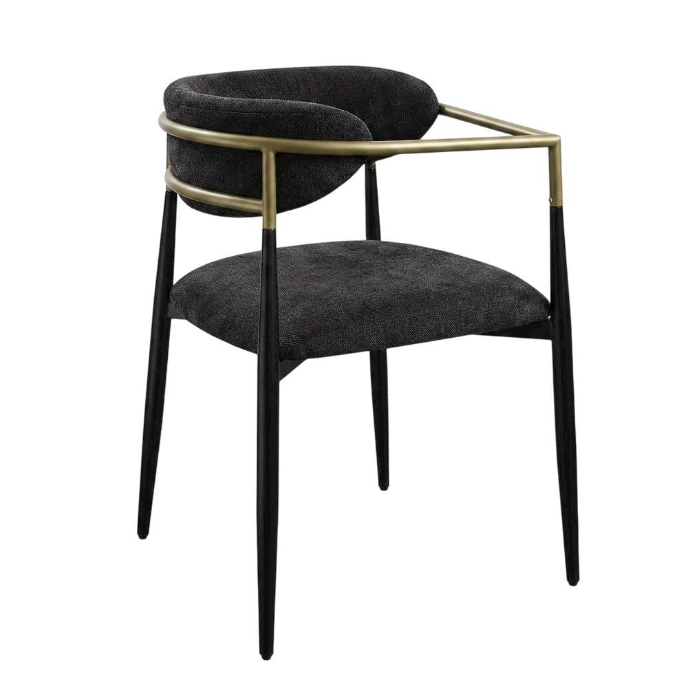 Chenille Accent Armchair with Wood and Metal Frame, Black Chenille & Black, Set of 2