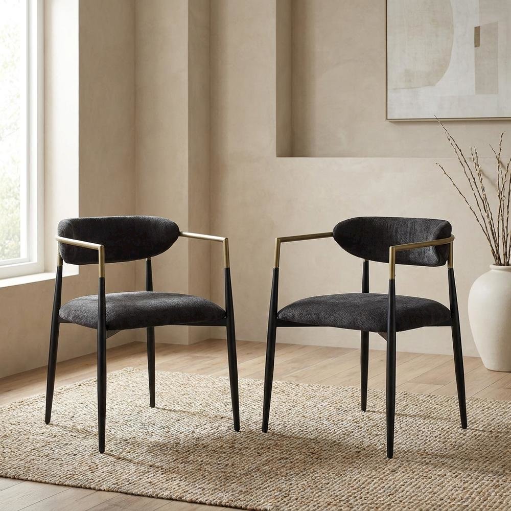Chenille Accent Armchair with Wood and Metal Frame, Black Chenille & Black, Set of 2