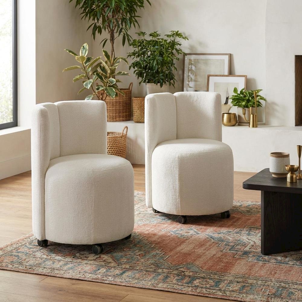 Chenille Upholstered Swivel Accent Chair, White Chenille, Set of 2