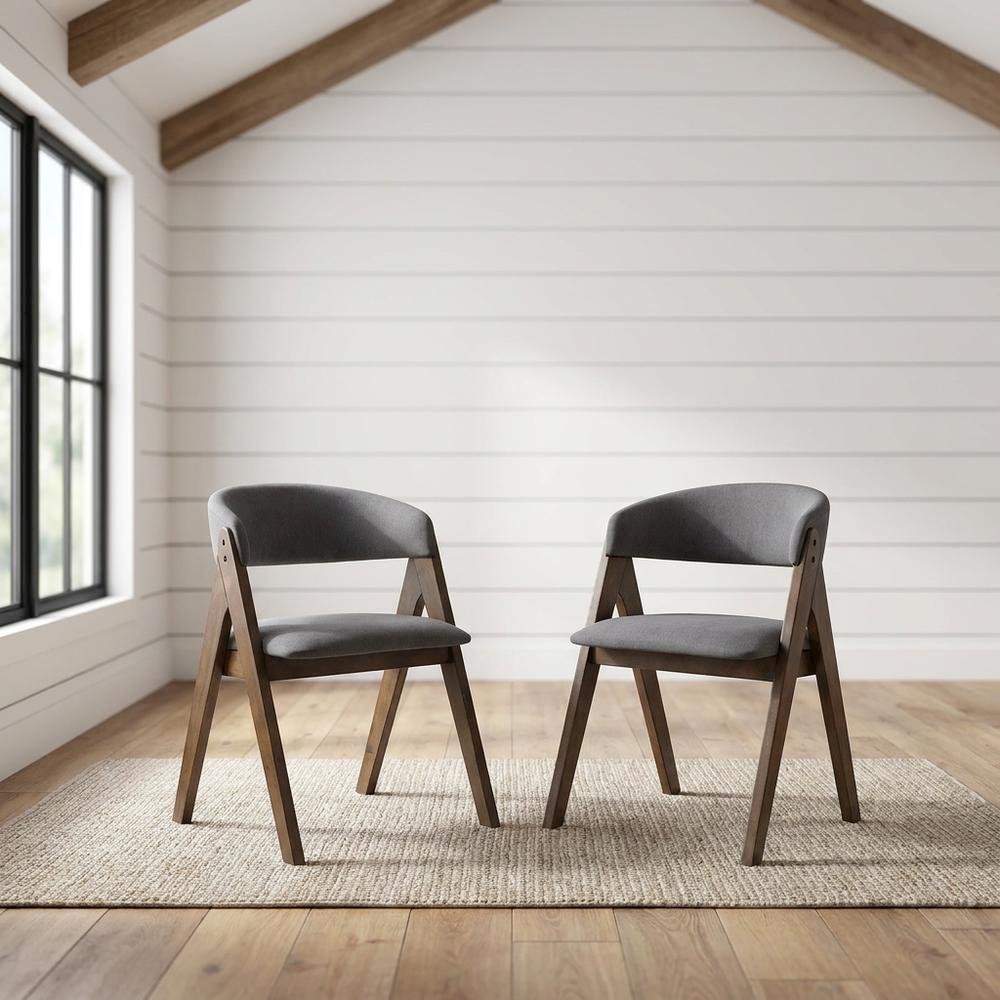 Fabric-Upholstered Side Chair with Walnut Wood Legs, Gray Fabric, Set of 2