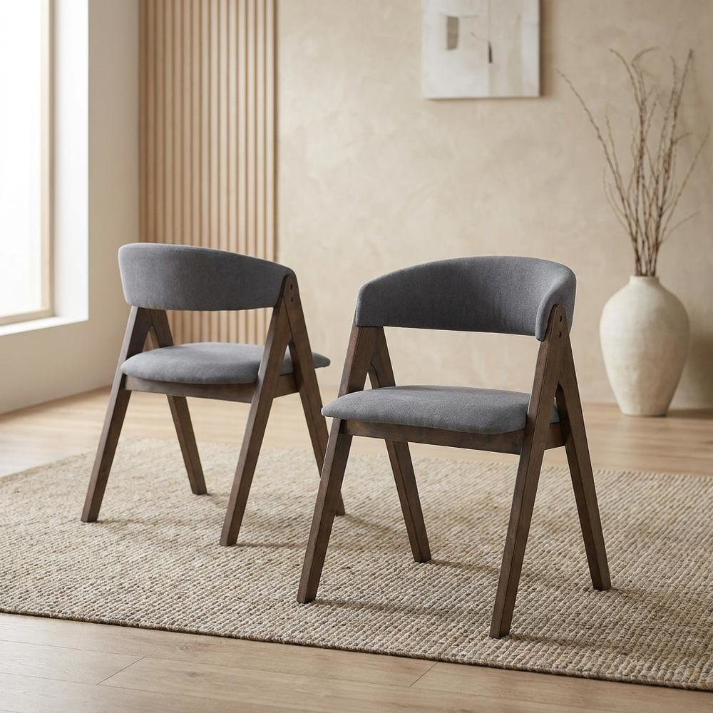 Fabric-Upholstered Side Chair with Walnut Wood Legs, Gray Fabric, Set of 2