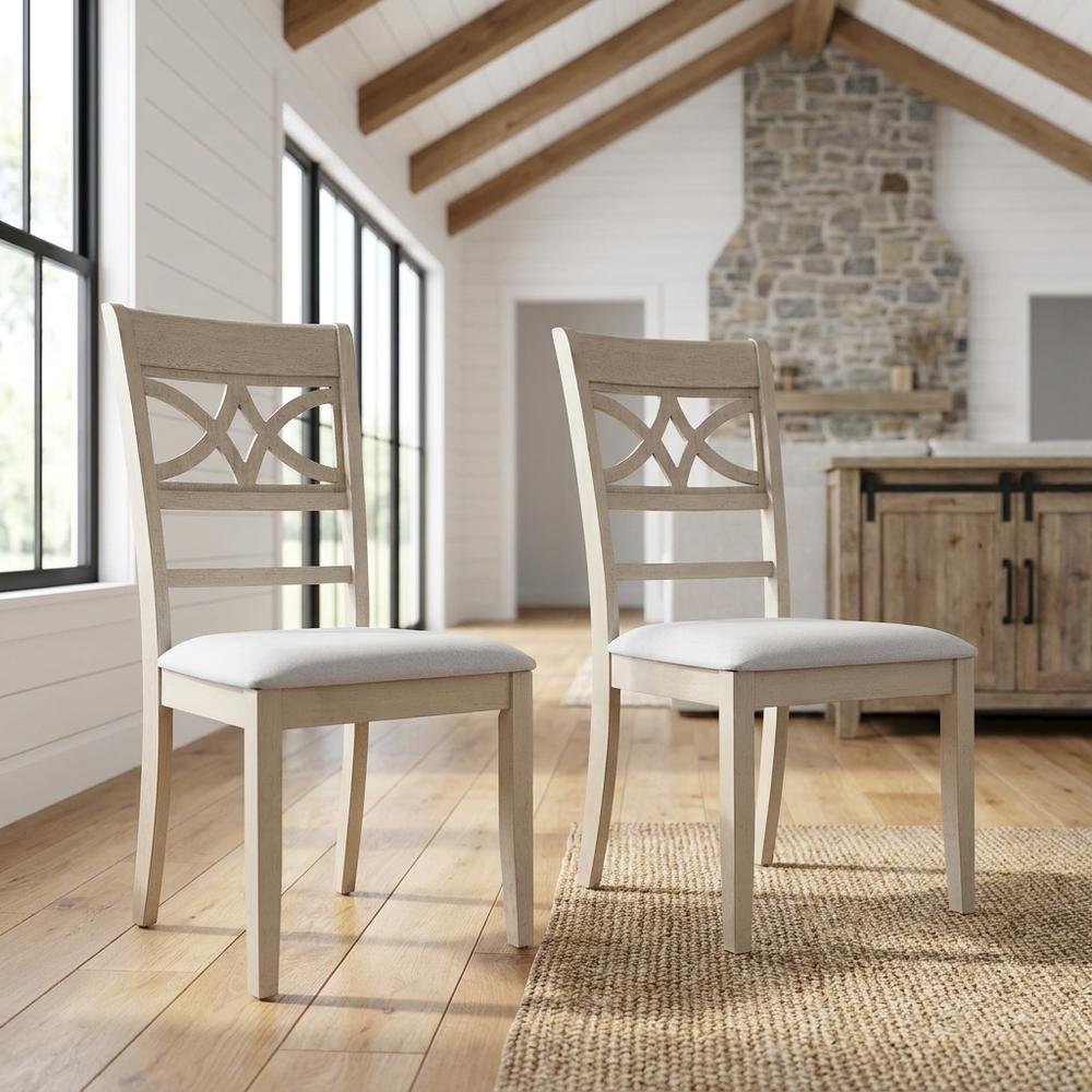 Linen Dining Side Chairs with Wood Frame, Beige Linen & Antique Bone White, Set of 2