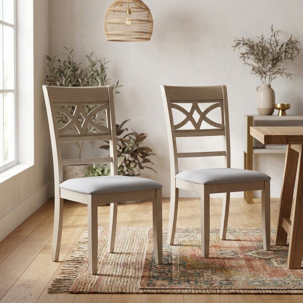 Linen Dining Side Chairs with Wood Frame, Beige Linen & Antique Bone White, Set of 2