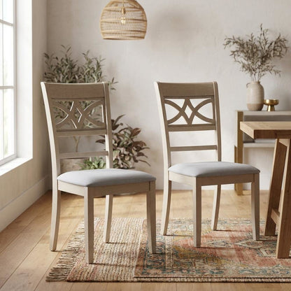 Linen Dining Side Chairs with Wood Frame, Beige Linen & Antique Bone White, Set of 2