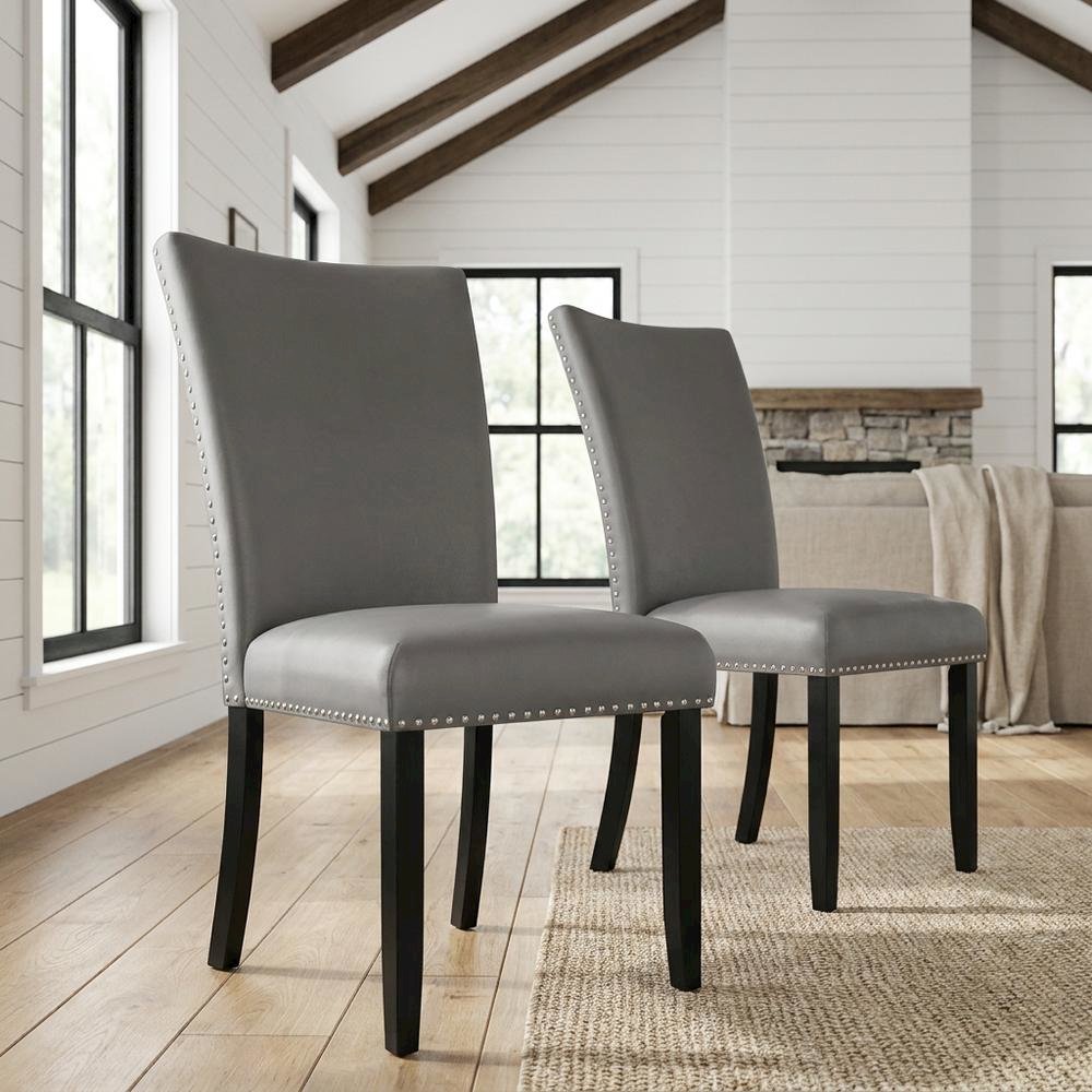 Faux Leather Side Chair, Set of 2 Dining Chairs, Gray Synthetic, Set of 2