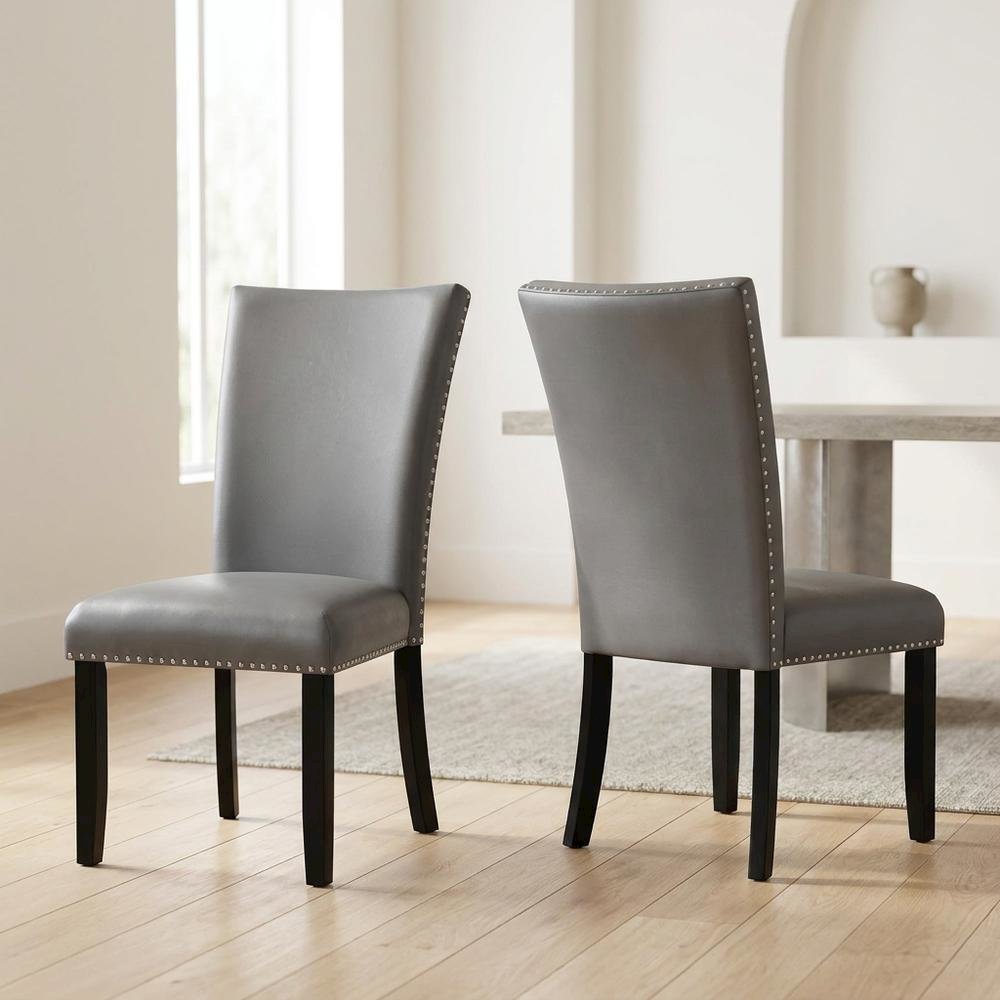 Faux Leather Side Chair, Set of 2 Dining Chairs, Gray Synthetic, Set of 2