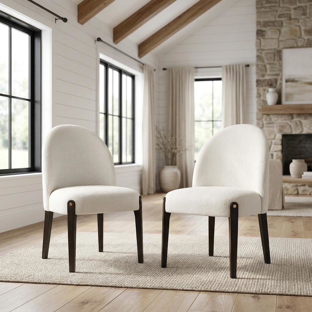 Chenille Upholstered Dining Chairs with Wood Legs, Beige Chenille & & Espresso, Set of 2