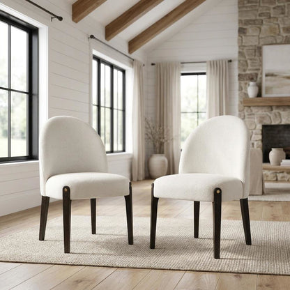 Chenille Upholstered Dining Chairs with Wood Legs, Beige Chenille & & Espresso, Set of 2