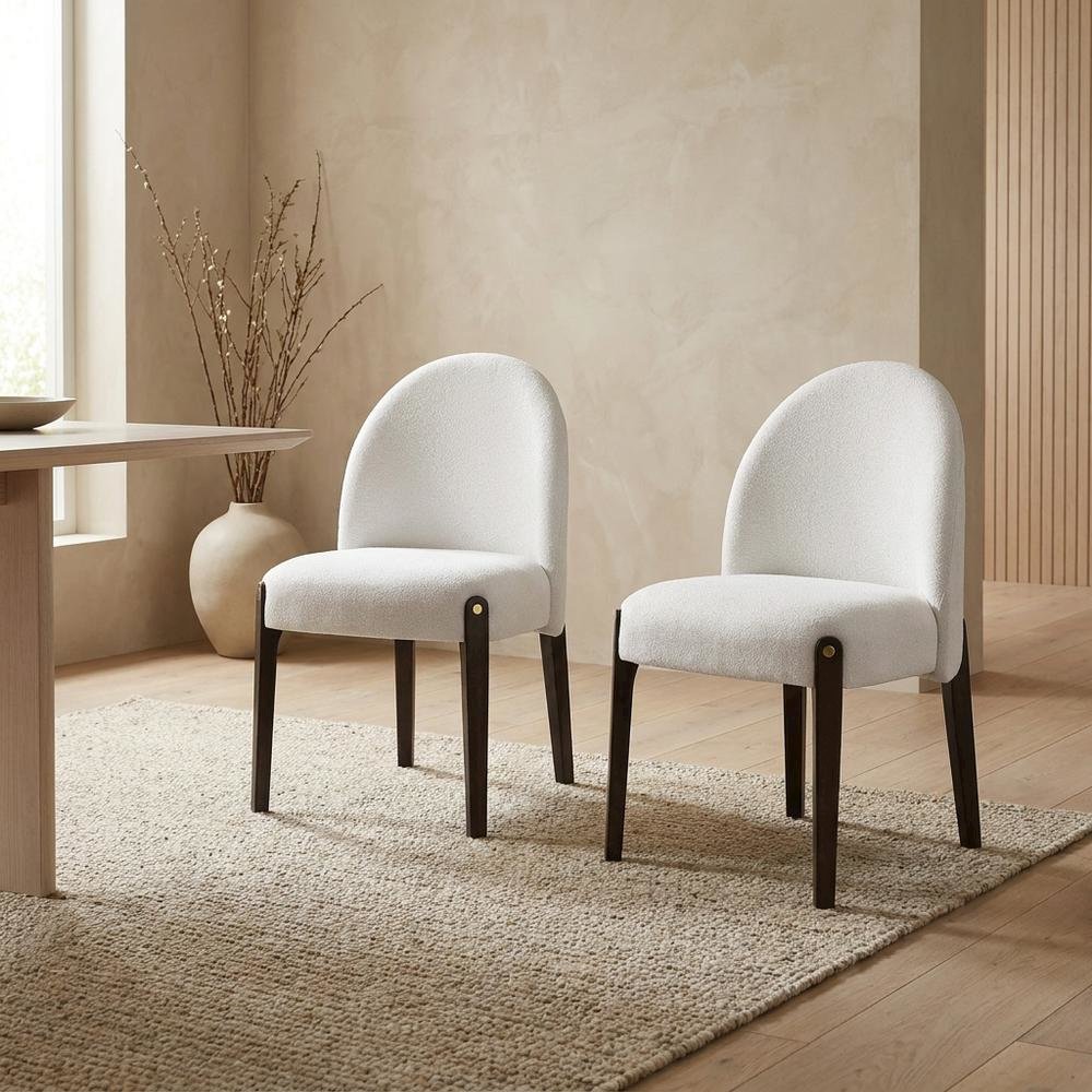 Chenille Upholstered Dining Chairs with Wood Legs, Beige Chenille & & Espresso, Set of 2
