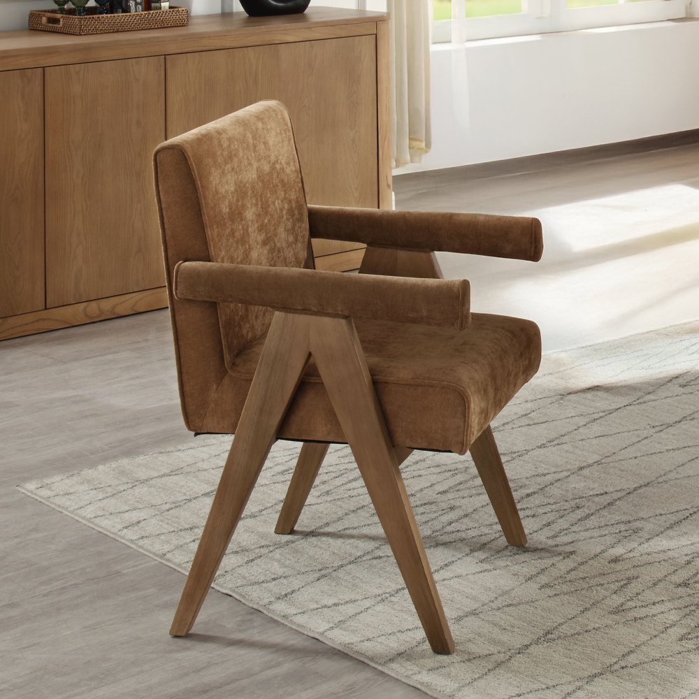 Zoey Arm Chair (Set-2), Chocolate Chenille & Oak