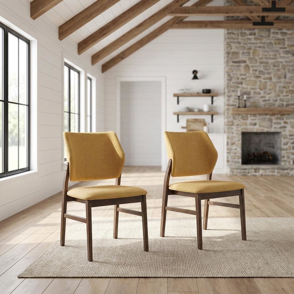 Linen-Upholstered Side Chair with Walnut Legs, Set of 2,Yellow Linen & Walnut, Set of 2