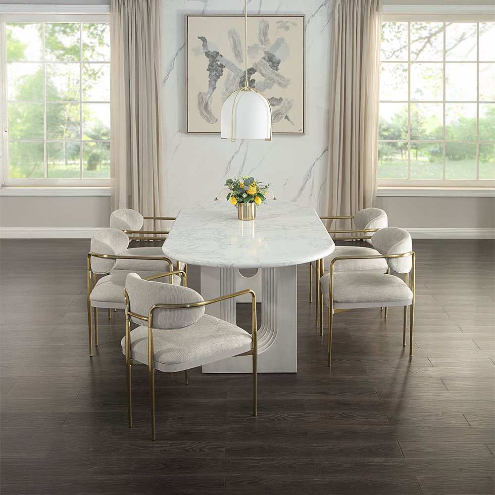 Zayn Arm Chair (Set-2), Beige Chenille & Gold